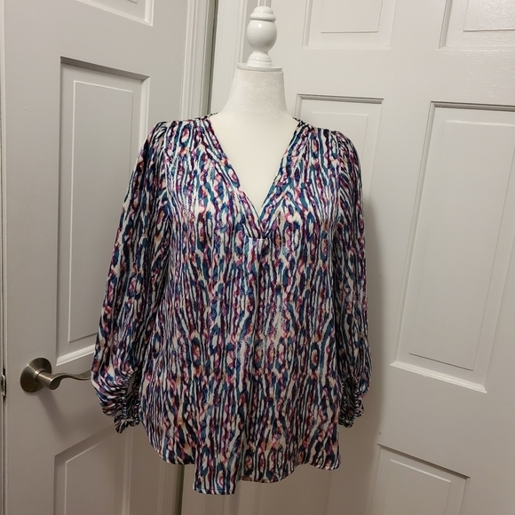 ee:some Retro Print V Neck Bubble Sleeve Colorful Blouse Size Large - Picture 2 of 10